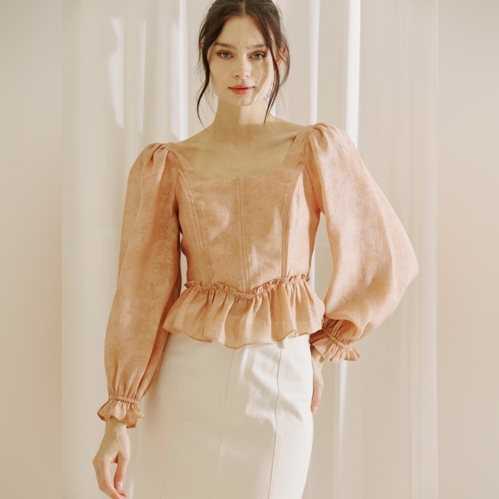 Storia Blush Puff Sleeve Lace Up Corset Style Blouse